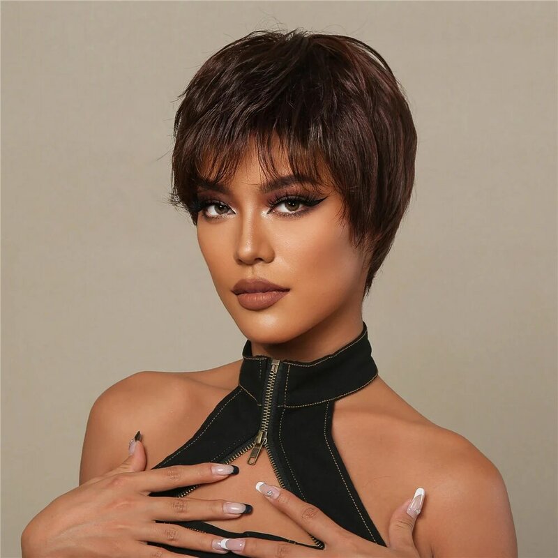 EASIHAIR Short Brown Hair Blend Wig with Bangs Short Pixie Cut Wigs for Women Synthetic Wigs Mixed With Human Hair Daily Party