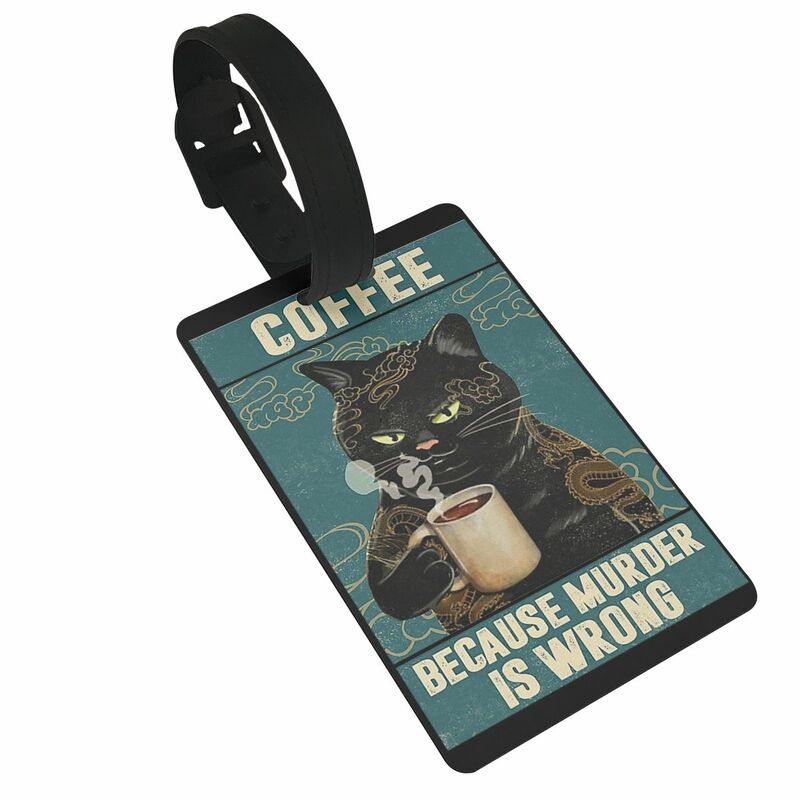 علامات الأمتعة القط الأسود اللطيف والقهوة ، إكسسوارات حقيبة السفر البلاستيكية ، حامل العلامة المحمولة ، عنوان اسم الهوية ، علامة الصعود للأمتعة
