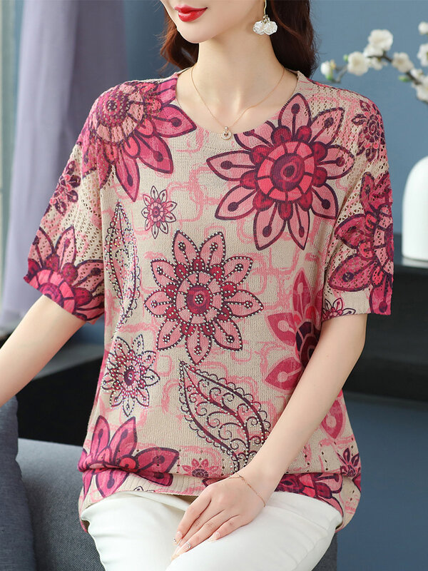 Kwiatowy nadruk Hollow dzianinowa koszulka damska 2024 letnie ubrania dla kobiet swetry koszulki Top Y2K luźna koszulka damska