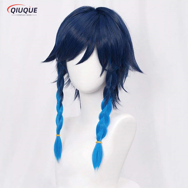 High Quality Genshin Impact Venti Cosplay Wig Gradient Blue 50cm Braided Heat Resistant Synthetic Hair Game Anime Wigs + Wig Cap