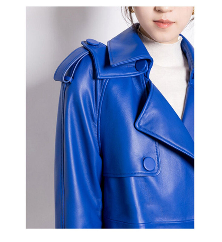 Spring Autumn Extra Long Luxury Elegant Blue Soft Pu Leather Trench Coat for Women Stylish Runway European Fashion  2024