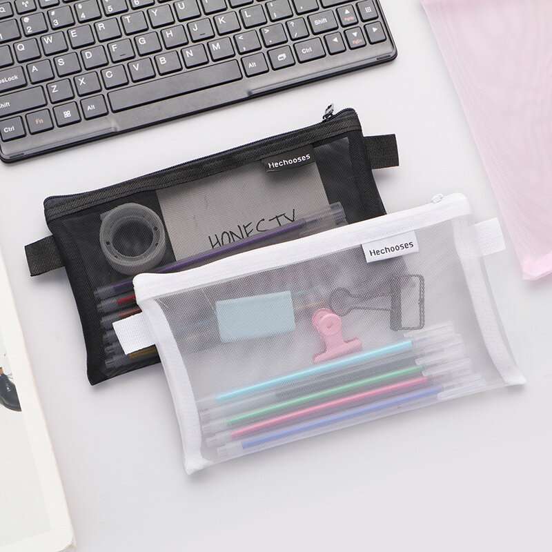 CHEN LIN-estuche de malla transparente para lápices, bolsa de almacenamiento de gran capacidad, organizador de papelería, bolso portátil, 1 piezas