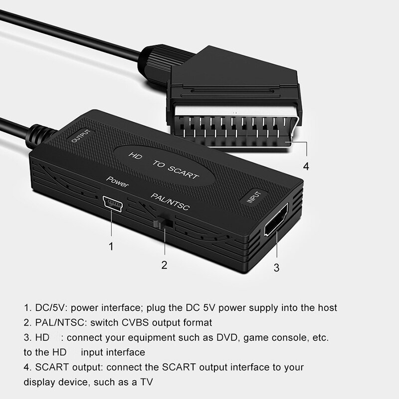 Con cavo convertitore Video da HDMI a Scart HD ingresso compatibile con HDMI uscita Scart Display 1080P adattatore di estensione con interruttore PAL NTSC
