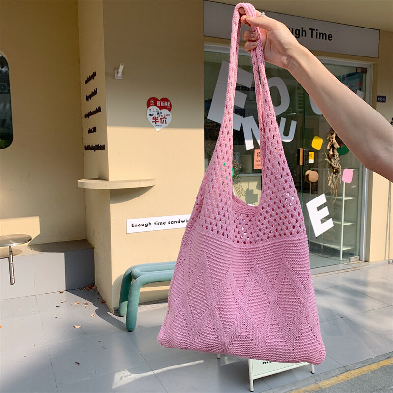 Повседневные вязаные женские сумки через плечо с вырезами, шерстяная плетеная вместительная сумка-тоут, летняя пляжная сумка большой яркости 2024