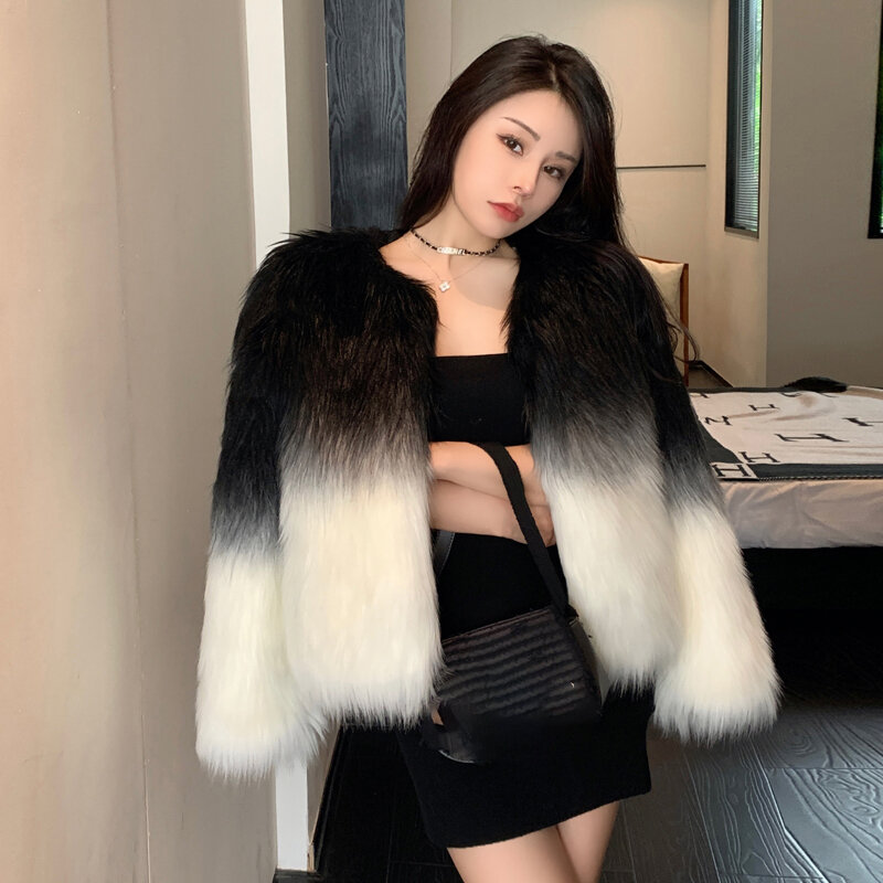 2023 New Winter Faux Fur Coat Women Contrast Color Long Sleeves Thick Warm Faux Fur Coats Fashion Lady