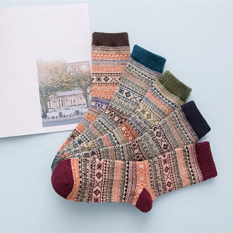 Meias térmicas de lã quente para homens, estilo folclórico retro nórdico personalizado, meias grossas de neve, presente de Natal, outono, inverno, 5 pares