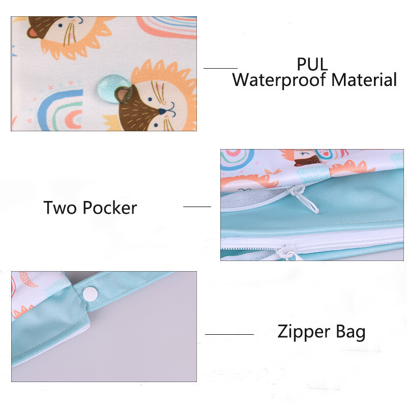 AIO saco impermeável reutilizável fraldas molhadas, saco molhado seco, pano seco, único bolso, impressões de moda, 23x23cm, 1pc