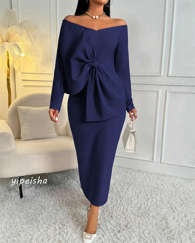 Jersey Bow Ruched Christmas A-line Off-the-shoulder Bespoke Occasion Gown Midi Dresses