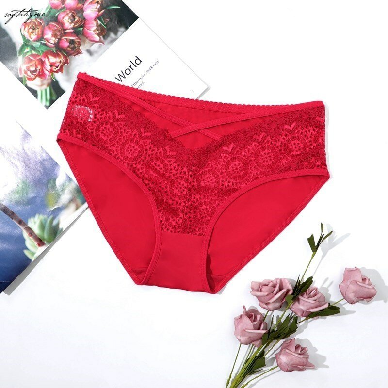 Softrhyme cuecas femininas tamanhos grandes sexy renda ver através calcinha mid-rise underwear para meninas L-5XL