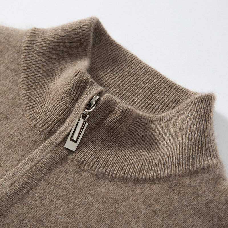 Sweater kasmir pria, atasan warna polos kasual bisnis lengan panjang hangat lembut Pullover leher ritsleting 100%