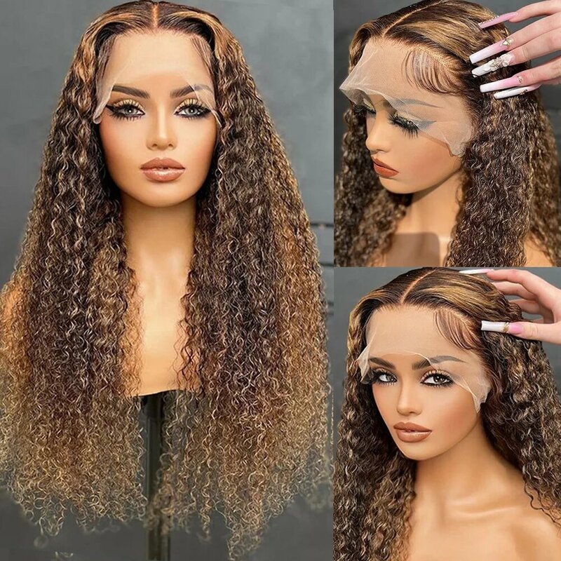 Highlight Colored Curly Lace Front Human Hair Wig Pre Plucked Honey Blonde Brazilian Lace Frontal Remy Human Hair Wigs For Women