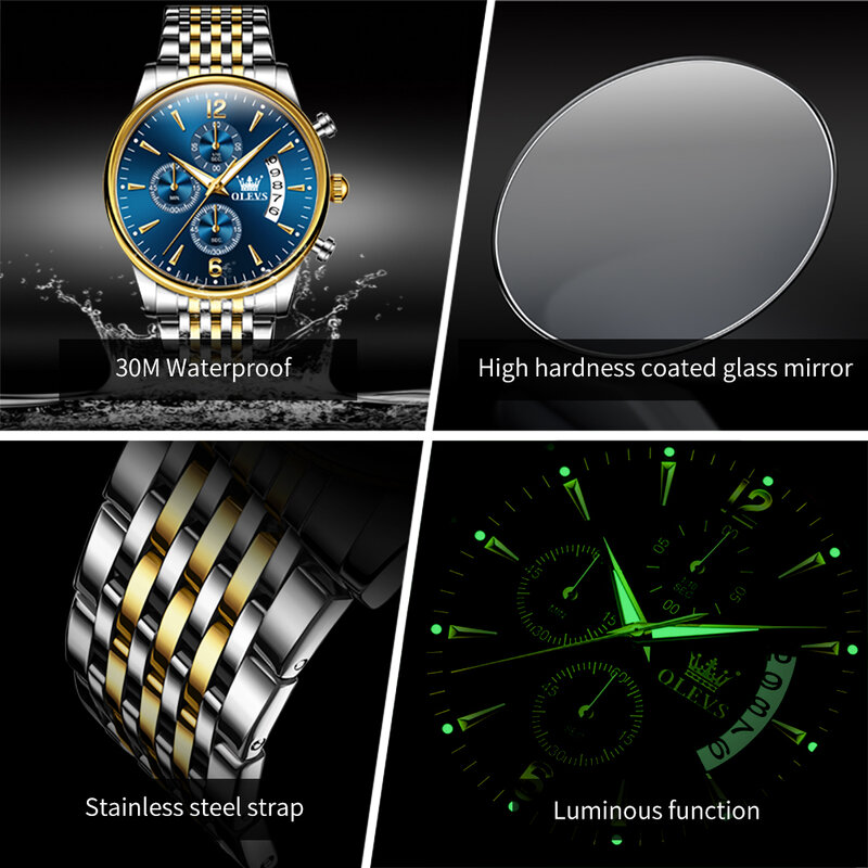 Olevs-メンズステンレススチールクォーツ腕時計、高級時計、カレンダー発光時計、ビジネスカジュアル腕時計