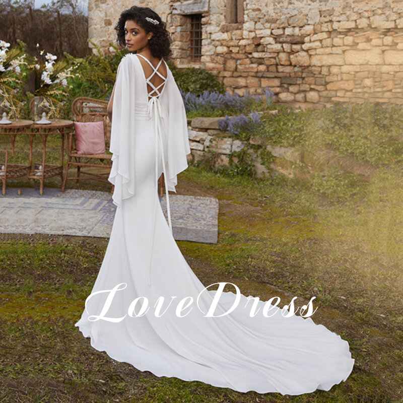 LoveDress-vestido de casamento profundo simples V-Neck, Chiffon Ruffles mangas, vestido sereia sexy, Lace Up, sem encosto, trem botão