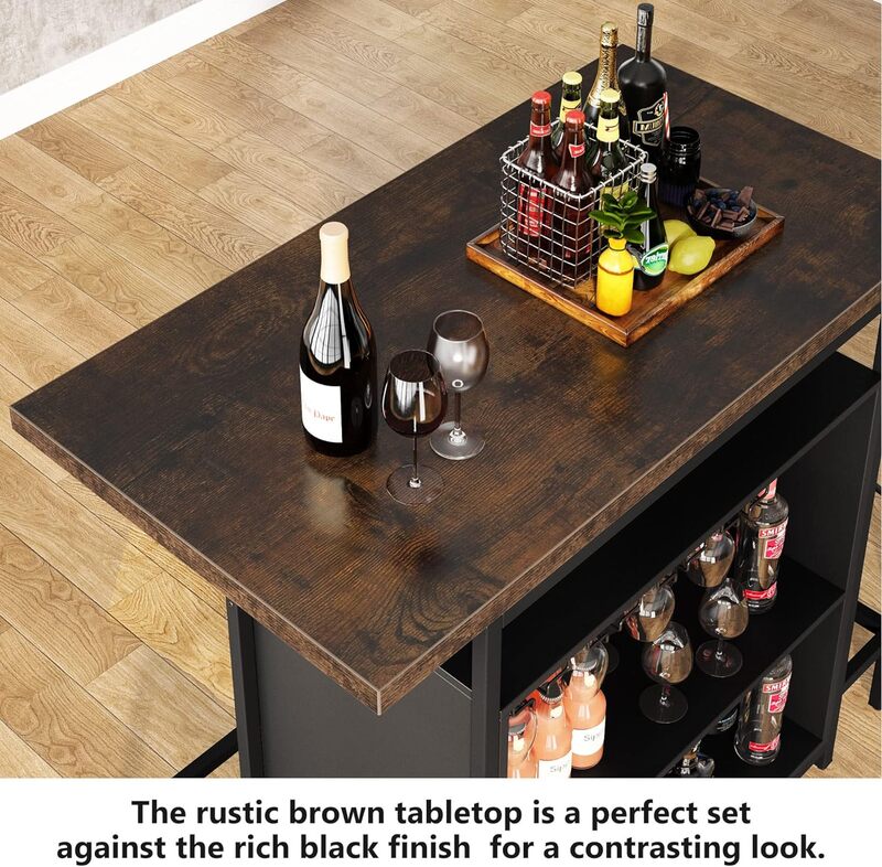 Home Bar Unit Cabinet with Footrest, Industrial 3-Tier Liquor Bar Table with Stemware Rack and Wine Storage