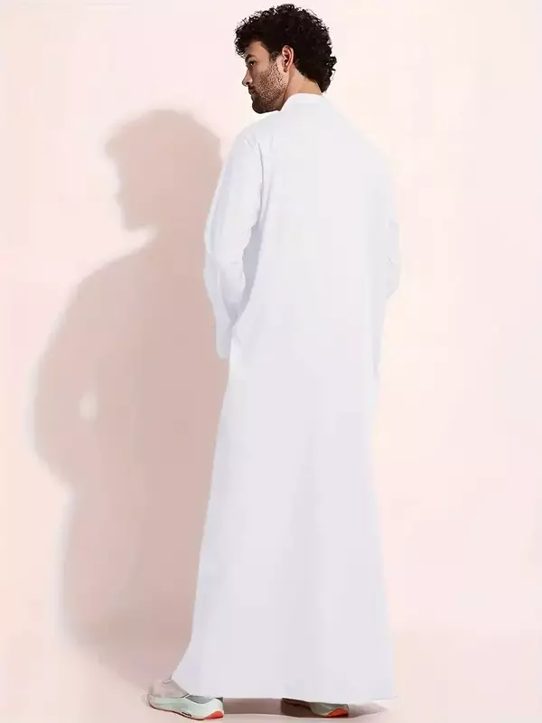 Plus Size Men's Solid Saudi Arab Islamic Kaftan, Long Sleeve Muslim Robe Ismaic Dubai Ethnic Festival Band Collar Tops Men's Clo