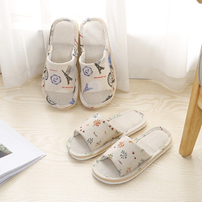 Sandal rumah Linen wanita, Floral musim gugur pasangan rumah lucu dalam ruangan Non Slip sandal lucu kartun Kawaii kucing sepatu Flat Flax
