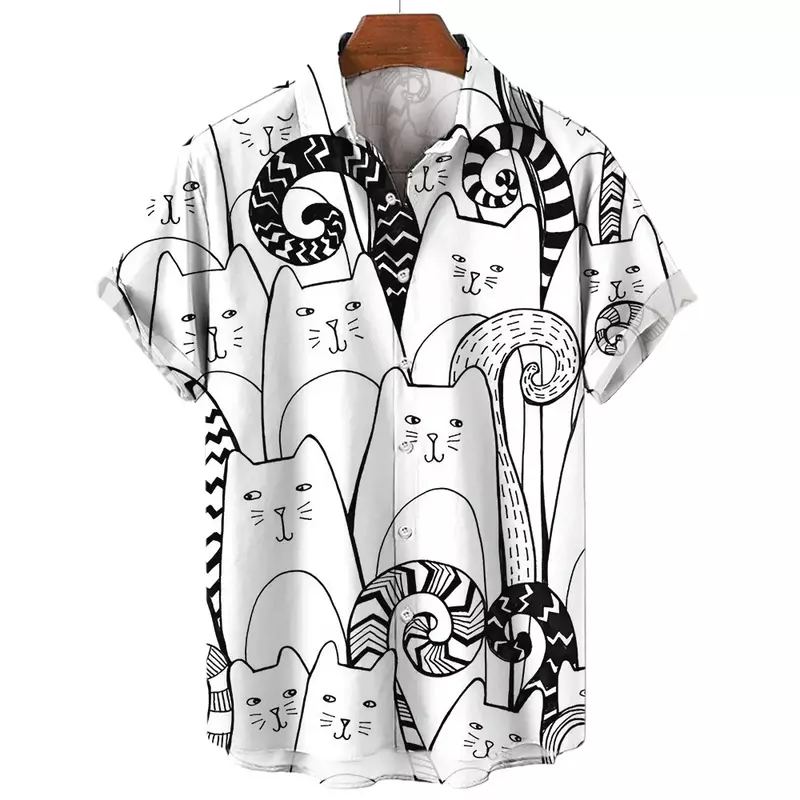 Men's Short Sleeve Shirt Fashion Cartoon Line Cat Pattern Print Top Women's Casual Button Shirt Top