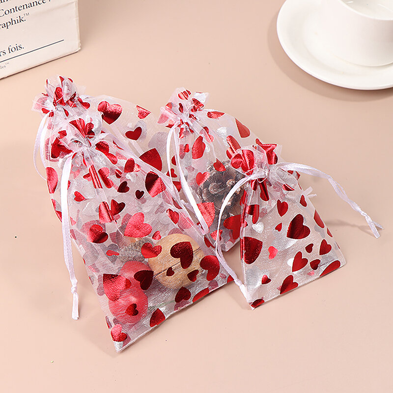 10 buah tas serut Organza hati cinta merah tas serut hadiah pesta pernikahan tas serut tampilan perhiasan Hari Valentine Natal