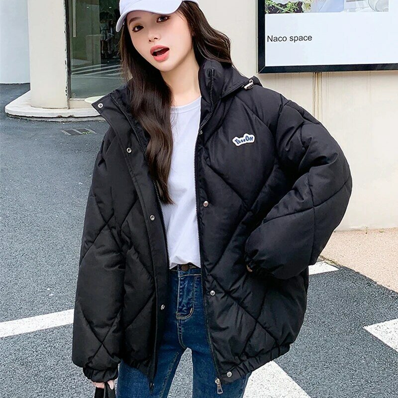 Jaket Puffer minimalis wanita, jaket gelembung Korea longgar bertudung Musim Dingin 2023 4 warna