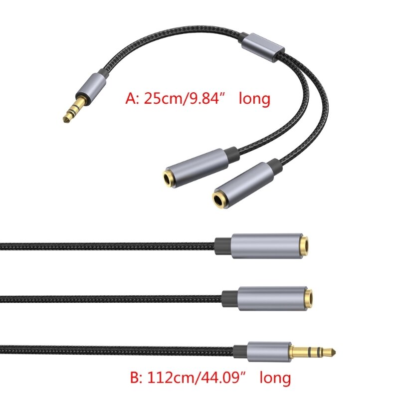 Aux macho para 2x cabo de extensão fêmea, divisor de auscultadores, cabo para conexão e togethers, 3.5mm, 25cm, 112cm