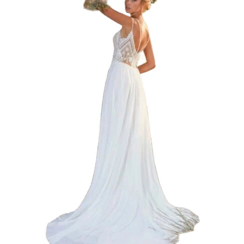 Vestido de novia de corte en A con tirantes finos, Sexy, bohemio, sin mangas, abertura lateral, apliques de encaje