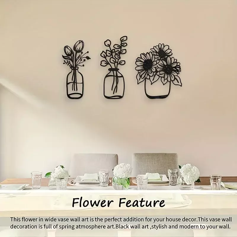 CIFVP Deco-Vase à fleurs en métal, art mural simple, décor en fil de tulipe noire, décoration d'intérieur, cuisine, salon, chambre à coucher, bureau, 3 pièces