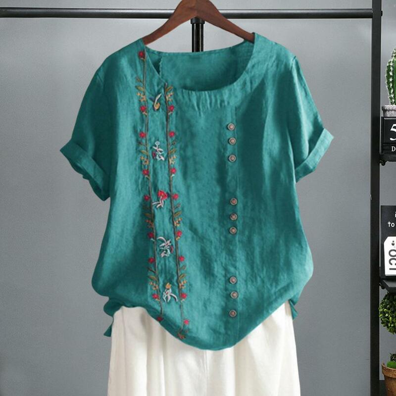 Camiseta fina com estampa floral bordada feminina, camisa de algodão macio, gola redonda, manga curta, pulôver para mulheres, moda