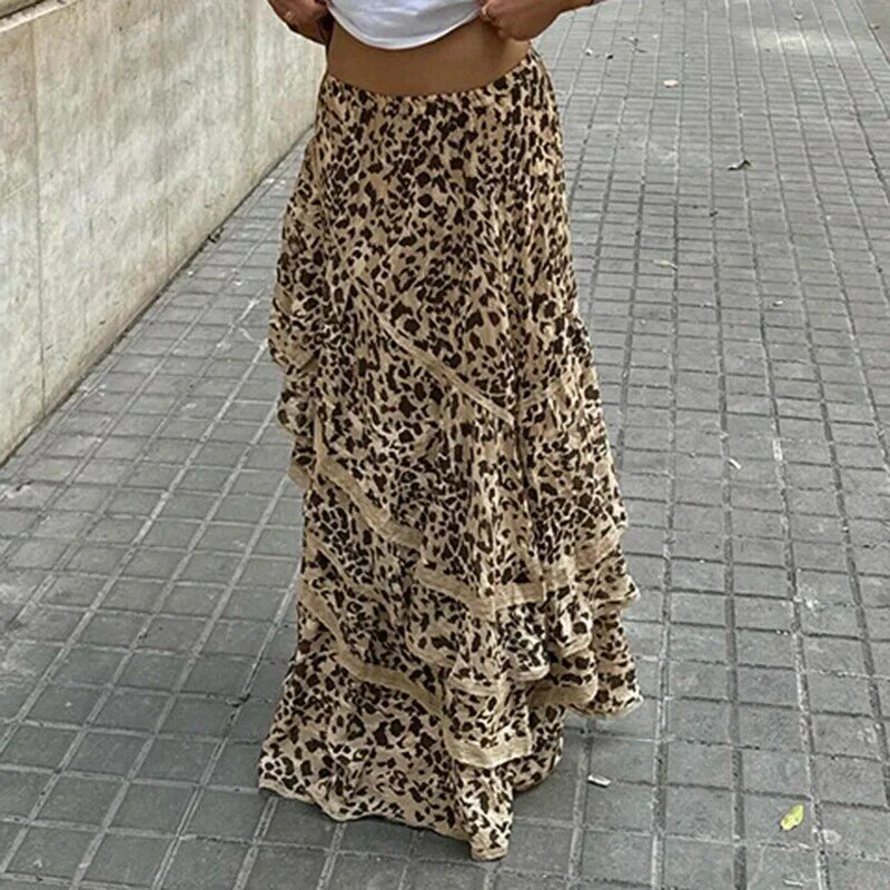 DSMTRC Women's Ruffled Patchwork Fashion Loose High Waist Bandage  Summer New Leopard Printed Maxi Skirt Female Club Party Skirt