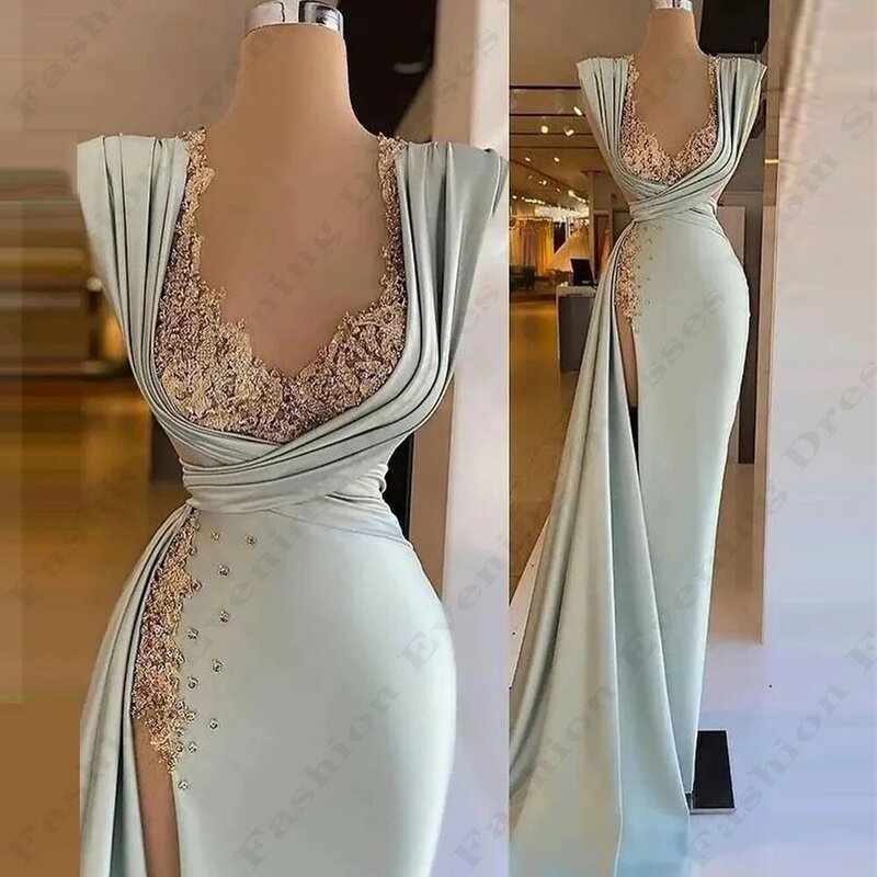 Gorgeous Satin Beautiful Evening Dresses Exquisite Elegant A-line Off Shoulder Sleeveless High Split Simple Mopping Prom Gowns