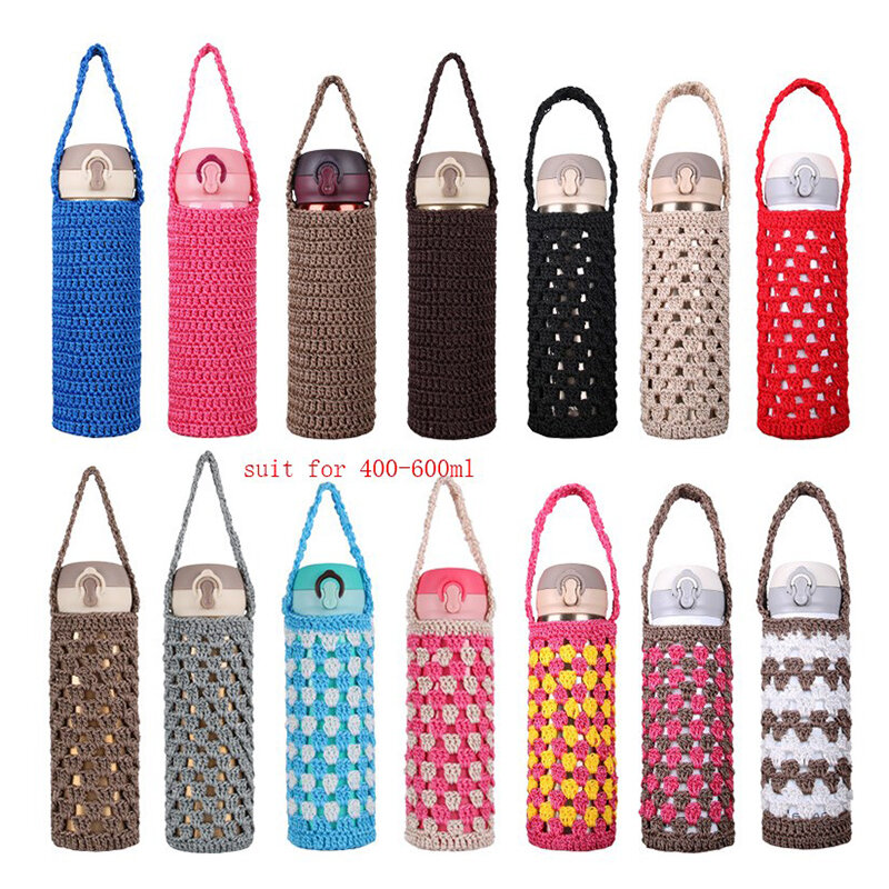 Portable Reusable Water Bottle Carrier Bag com alça, Camping Acessórios, Cup Sleeve, Knitted Cup Pouch