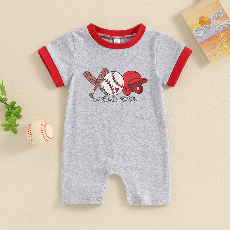 Visogo-赤ちゃんの男の子の夏のロンパース、幼児の半袖ジャンプスーツ、クルーネック、野球プリント、カジュアル