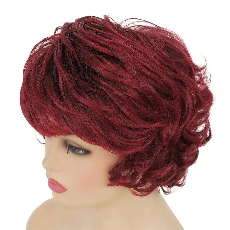Parrucche complete di ricambio per capelli resistenti al calore sintetici morbidi rosso vino parrucca corta riccia da donna per tutti i giorni