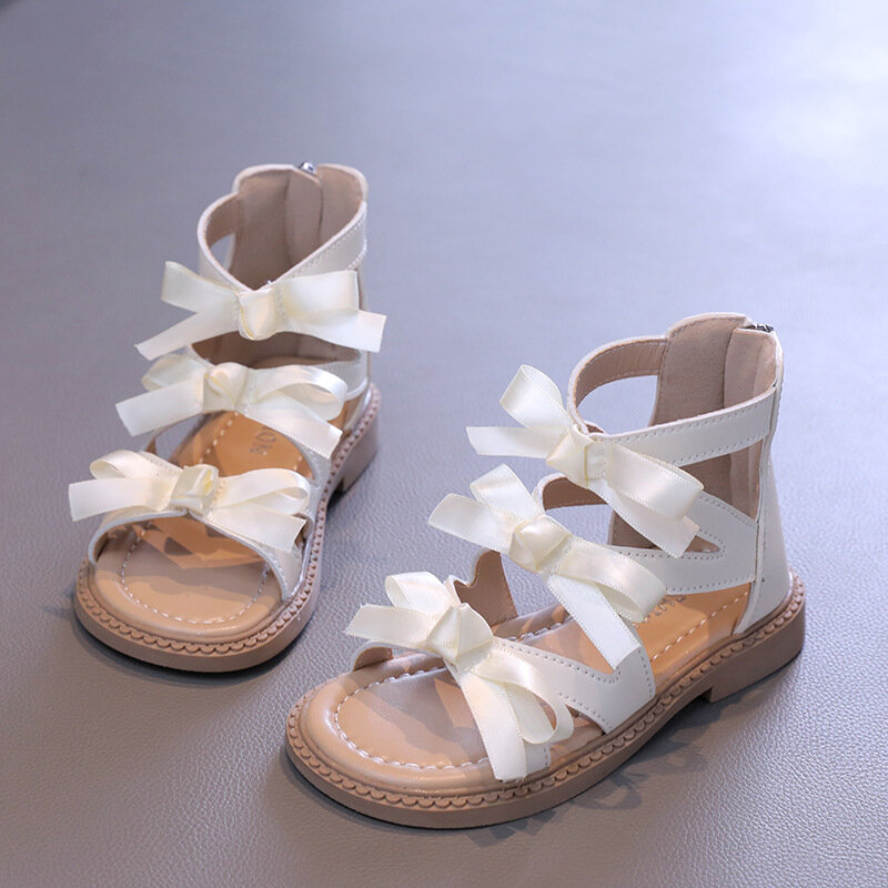 New Children's Sandals Chic Bowtie Elegant Shoes for Girls Fashion Solid Color Kids Princess Causal High-top Roman Sandals Zip