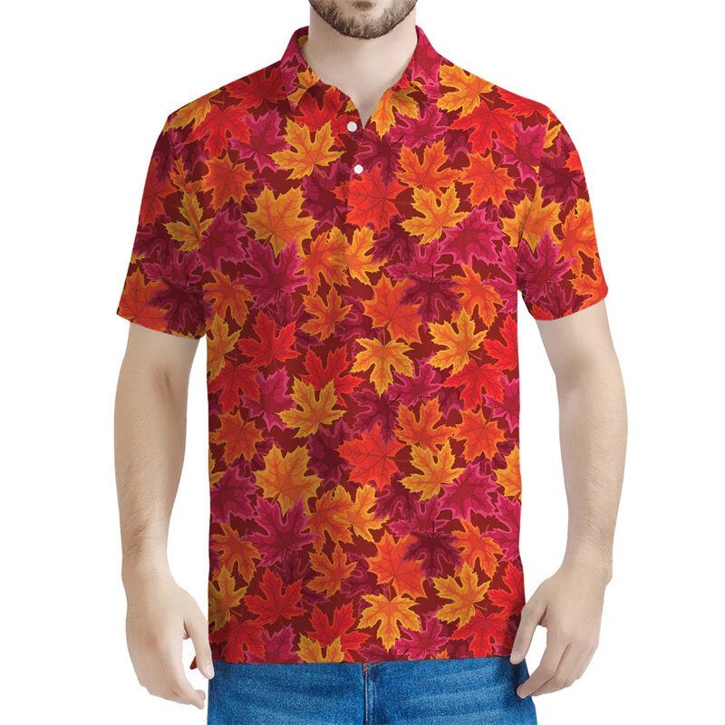 Folhas de bordo masculinas 3D impresso polo, padrão de plantas, mangas curtas, camiseta de lapela de rua verão, camisetas soltas, outono