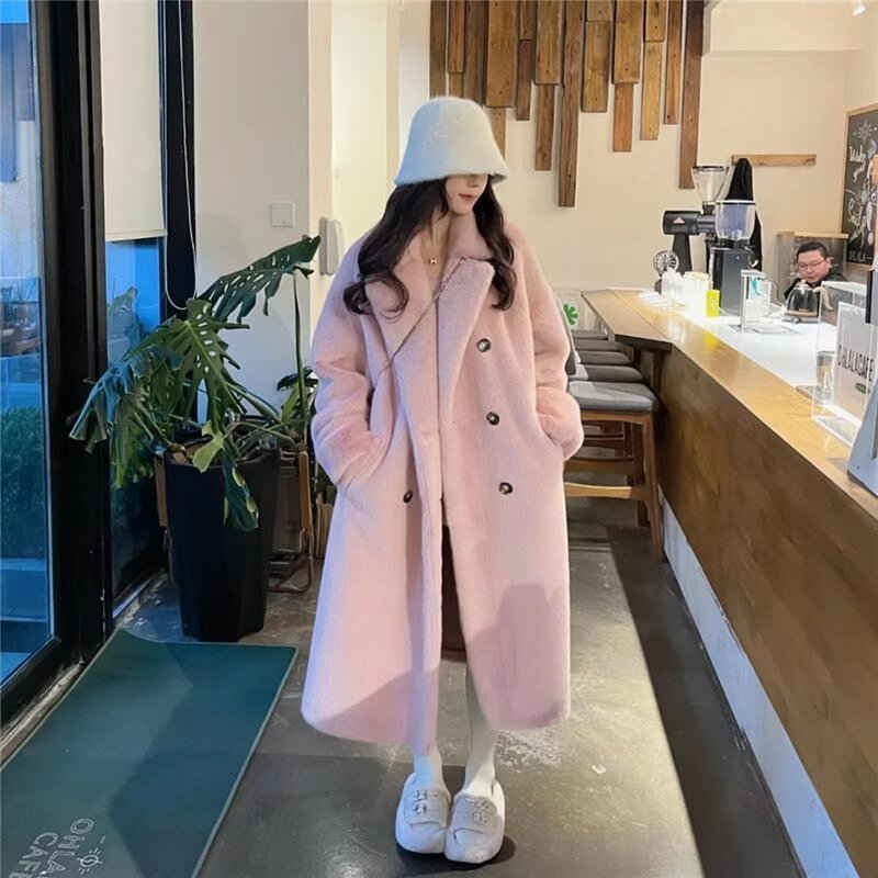 Faux Mink Fur Coat for Women, Double Breasted Jacket,England Style Outwear, Quilted Thick Furry, Autumn and Winter, 2023