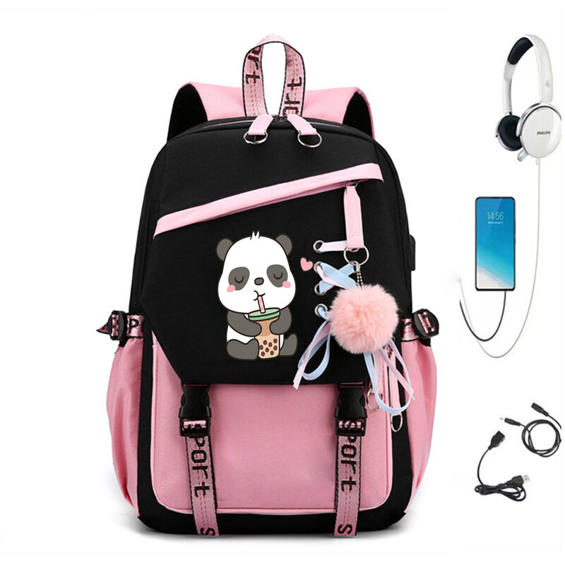 Tas punggung Anime Gambar Panda minum Boba tas sekolah tas punggung anak perempuan untuk remaja wanita tas sekolah tas punggung remaja wanita
