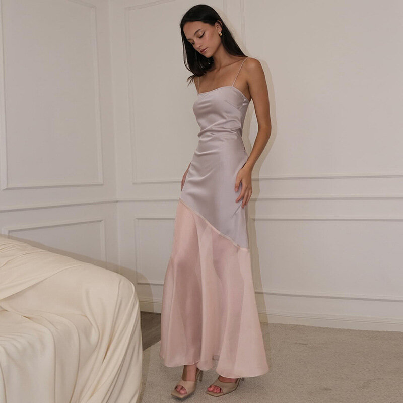 Элегантное Атласное Платье-макси в стиле пэчворк для женщин, привлекательное тонкое платье в полоску с открытой спиной и бретельками, летнее праздничное вечернее платье 2024