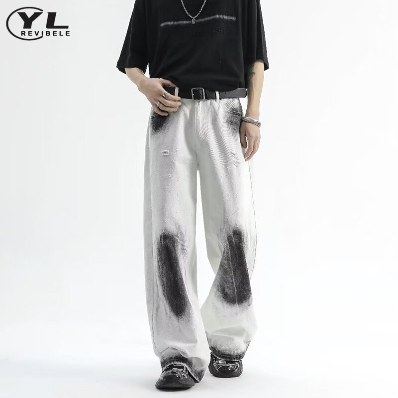 Calças de brim brancas largas para homens e mulheres, estilo harajuku, retro, com buraco, perna larga, perna larga, oversize, reta, rua, novo, anos 90