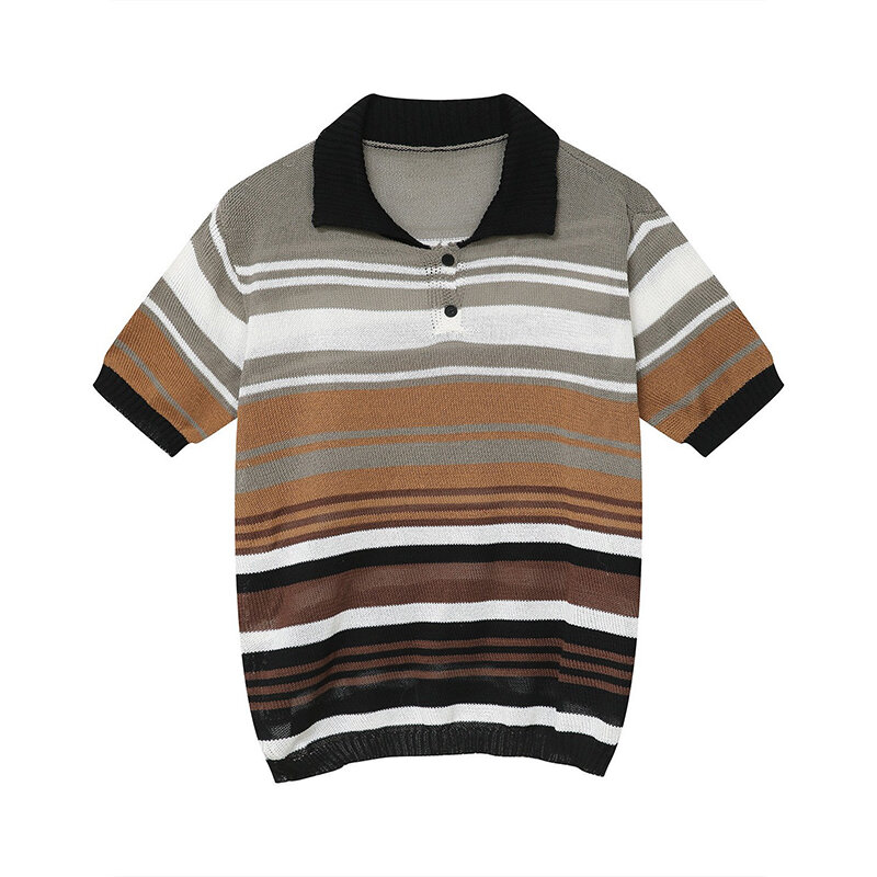 Vintage Y2K Striped Polo Shirt Mens Knitwear Summer Short Sleeve Buttoned Lapel Knit Tops For Men Casual Loose Breathable Polos