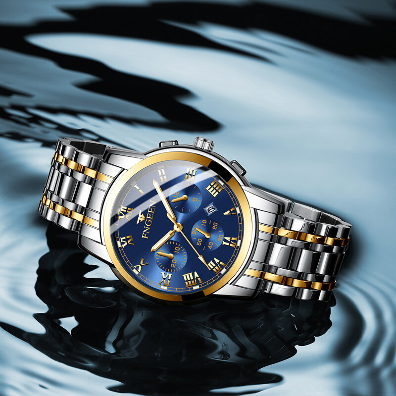 FNGEEN Moda Casal Relógios para Homens Mulheres Relógios De Quartzo De Aço Inoxidável Top Brand Calendário De Luxo Relógio Amantes Relógio De Pulso