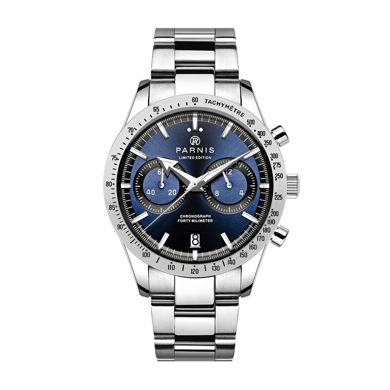 2024 Luxury Parnis 40mm Blue Dial Quartz Chronograph Men's Watch Stainless Steel Strap Men Waterproof Watches reloj hombre Clock