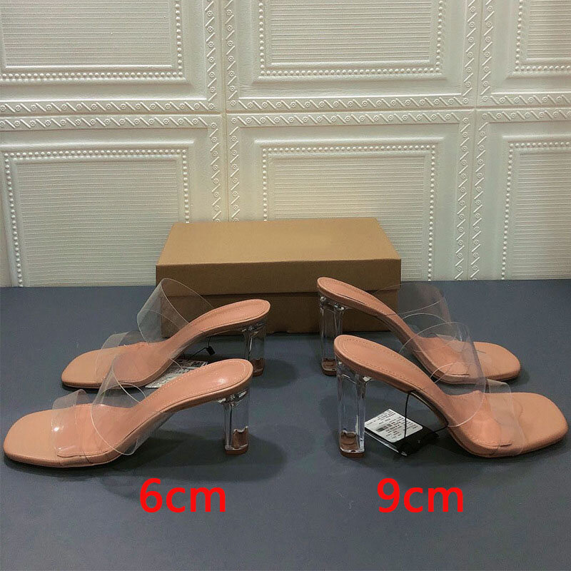 Sandalias de tacón alto con punta cuadrada para mujer, zapatos de tacón grueso y transparente, a la moda, para verano, 2024