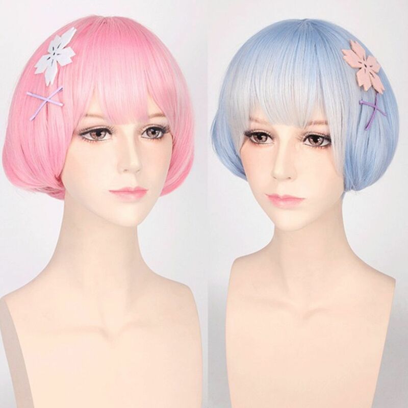 Pokojówka ramka niebiesko-różowa anime cosplay urocza krótka prosta opaska peruki syntetyczne włosy peluki na co dzień na imprezę