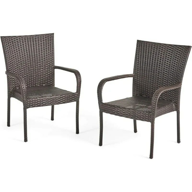 Set of 2 Stackable Outdoor Brown Wicker Dining Chairs