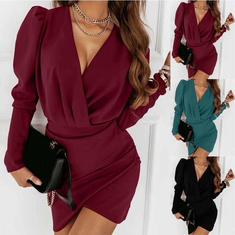 Fall Dresses For Women 2024 Ladies Autumn Winter Long Puff Sleeve V-Neck Sexy Hip Wrap Sundress Cocktail Party Evening Dress