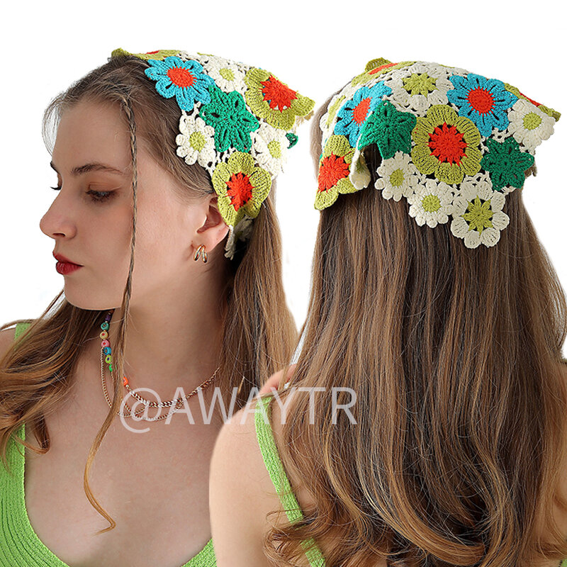 AWAYTR American Girl Checker Crochet Triangle Scarf Headband Knitted Flower Hair Band Turban Bandana Daily Hair Accessories