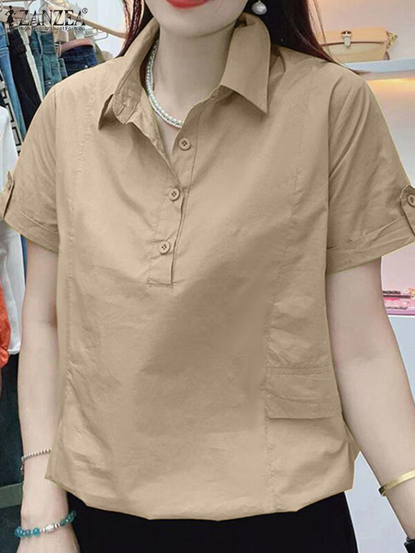 Модная женская офисная блузка ZANZEA, Летняя Повседневная рубашка с коротким рукавом, воротником с лацканами и пуговицами, повседневные однотонные Топы для женщин