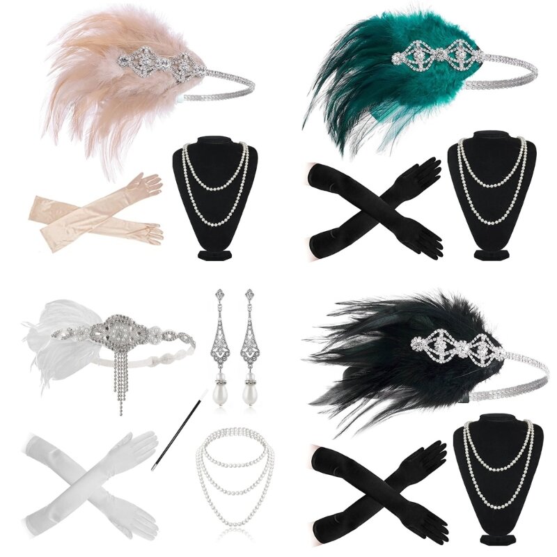 1920s Vintage Flapper Accessories with Headpieces Gloves Necklace Earrings F0S4