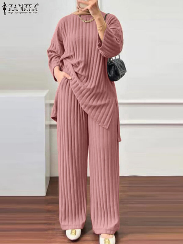ZANZEA 여성용 무슬림 매칭 세트, 긴 소매 블라우스, 와이드 레그 팬츠 세트, 패션 운동복, 오버사이즈 겨울 의상, 가을, 2 개