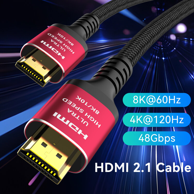 Kabel 2.1 HDMI 8K Panjang, 48Gbps, Cord-4K kepang kecepatan tinggi @ 120Hz 8K @ 60Hz, kompatibel dengan Roku TV/PS5/PS4/HDTV/RTX 3080 3090